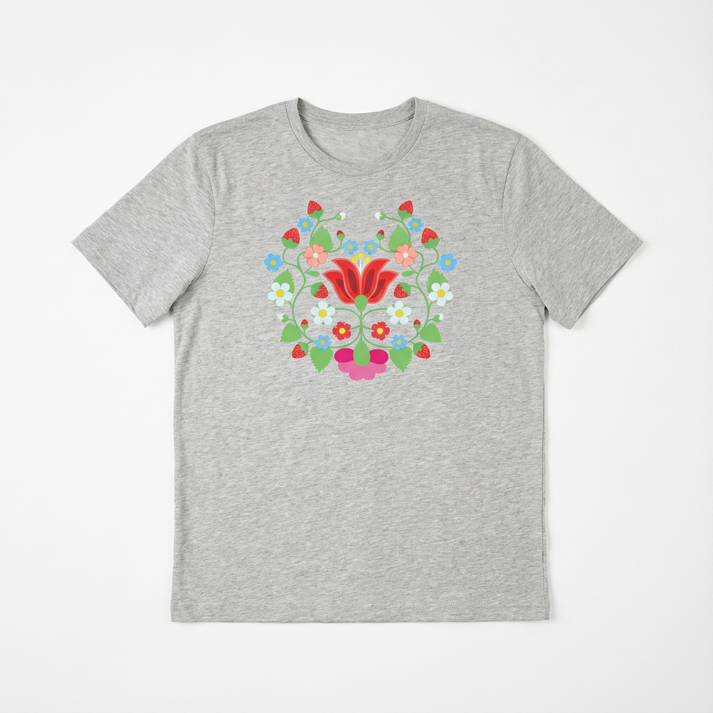 Strawberry Floral Tee with vibrant floral design on a grey background, perfect for everyday wear.