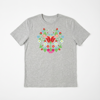 Strawberry Floral Tee with vibrant floral design on a grey background, perfect for everyday wear.