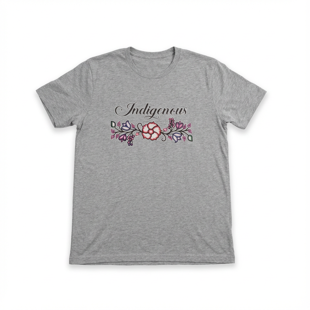 Indigenous Floral Tee featuring unique floral design on a gray t-shirt, perfect for bold and playful style.