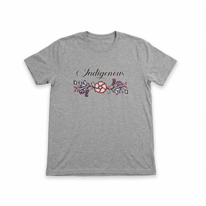 Indigenous Floral Tee featuring unique floral design on a gray t-shirt, perfect for bold and playful style.