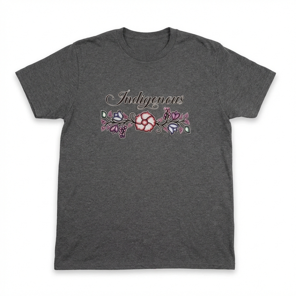 Indigenous Floral Tee featuring a unique floral design on a grey shirt, embodying bold and playful style.
