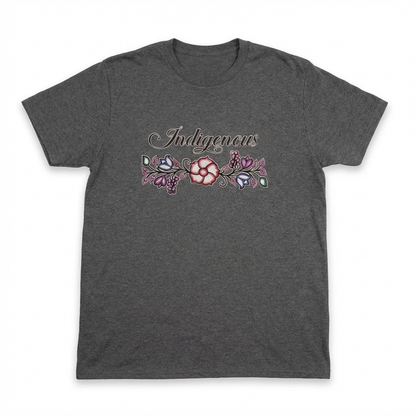 Indigenous Floral Tee featuring a unique floral design on a grey shirt, embodying bold and playful style.
