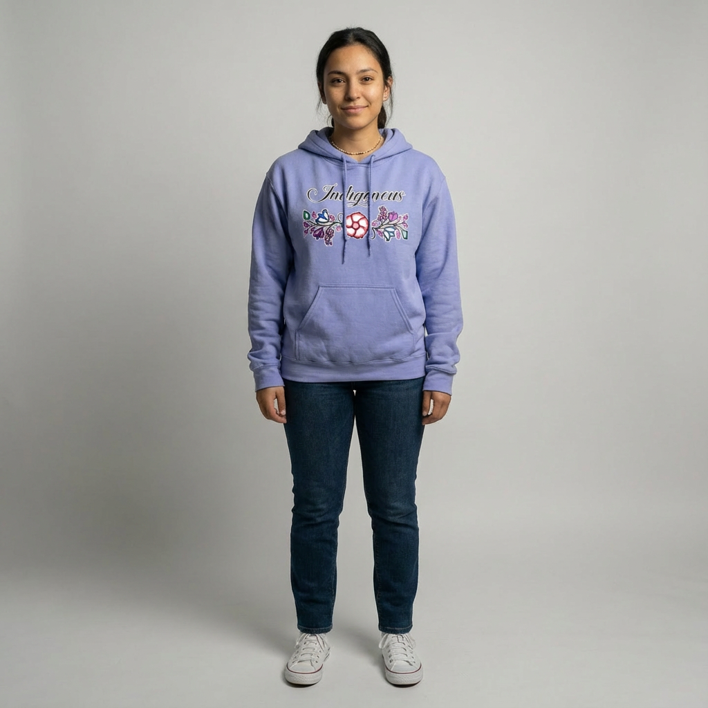 Indigenous Floral Hoodie worn by a model, showcasing vibrant floral patterns and high-quality fabric in a stylish design.