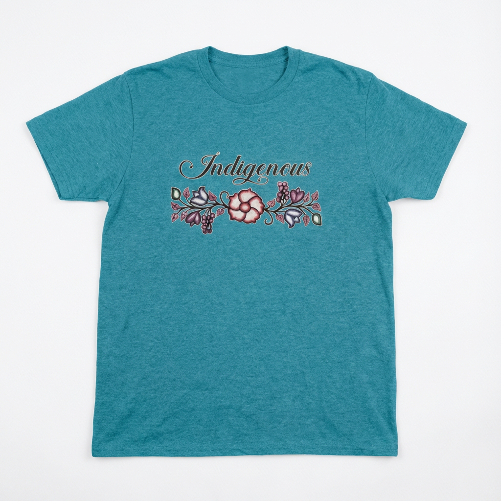 Indigenous Floral Tee featuring a unique floral design on a teal t-shirt for ultimate comfort and style.