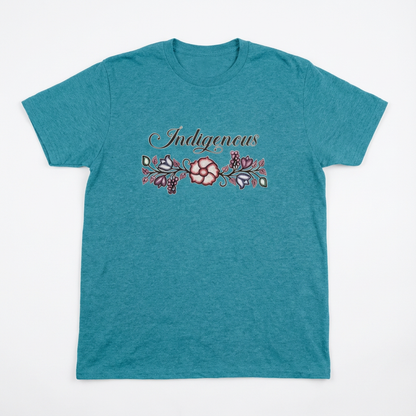 Indigenous Floral Tee featuring a unique floral design on a teal t-shirt for ultimate comfort and style.