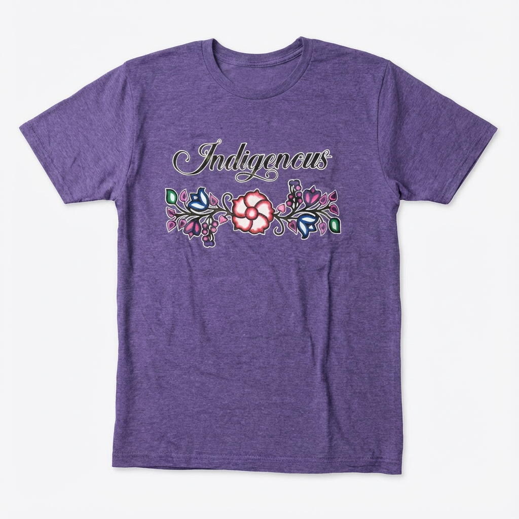 Indigenous Floral Tee in purple with colorful floral design, perfect for embracing a bold and playful style.