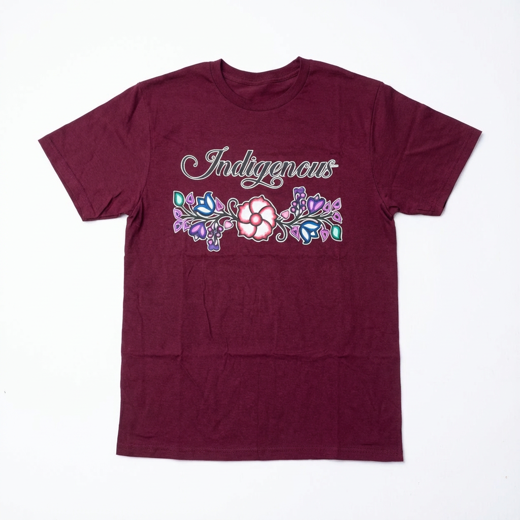 Indigenous Floral Tee featuring a vibrant floral design on a maroon background, perfect for bold and playful individuals.