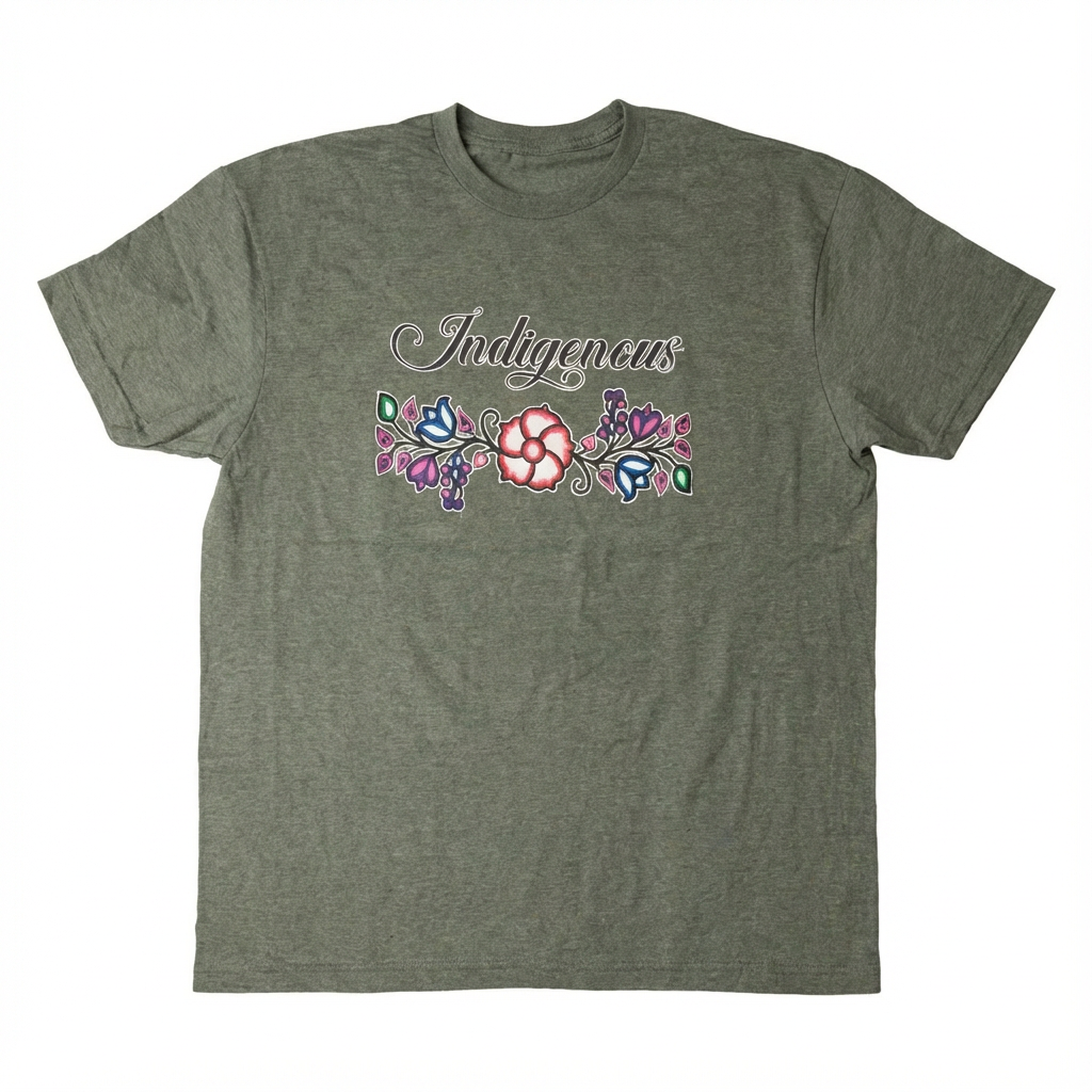 Indigenous Floral Tee featuring a colorful floral design on a soft green background.
