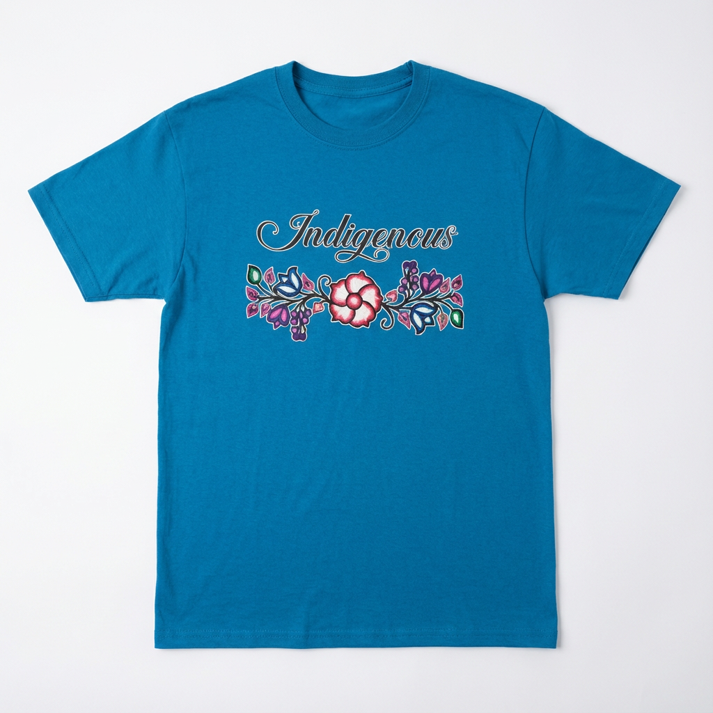 Indigenous Floral Tee featuring a vibrant blue color and unique floral design for a bold and playful style.