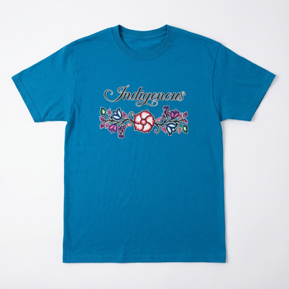 Indigenous Floral Tee featuring a vibrant blue color and unique floral design for a bold and playful style.