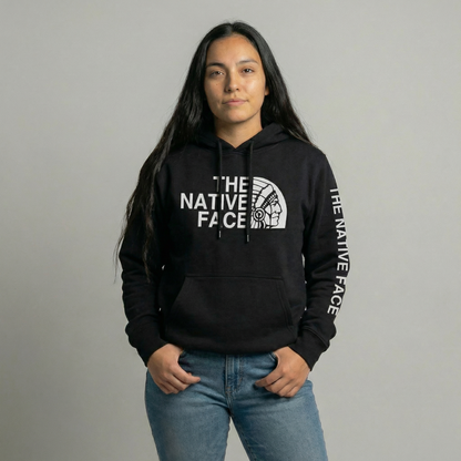 Woman wearing the Native Face Hoodie, featuring the iconic graphic and relaxed fit.