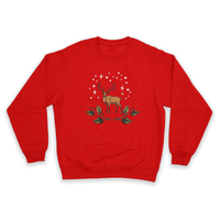 Holiday Reindeer Sweatshirt featuring a festive reindeer illustration on a vibrant red background.