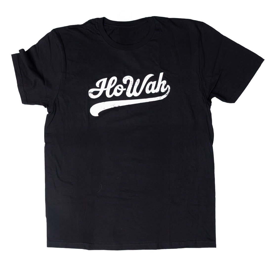 HoWah tee with Indigenous lettering graphic in white on black