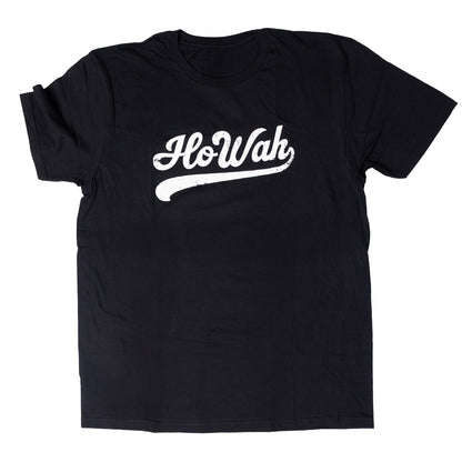 HoWah tee with Indigenous lettering graphic in white on black