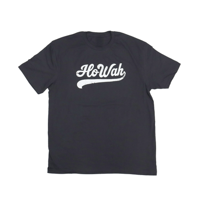 HoWah tee with Indigenous lettering graphic in white on dark grey