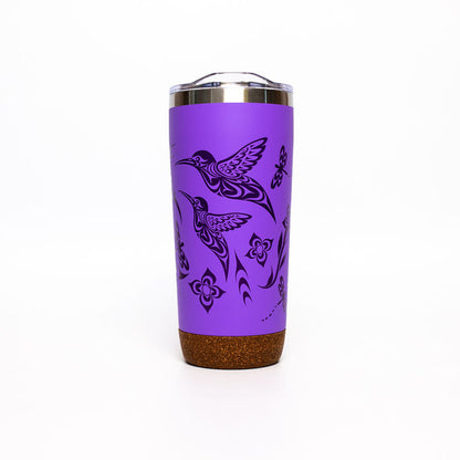 Hummingbird Cork Base Travel Mug in purple with hummingbird designs and a cork base, perfect for sustainable sipping.