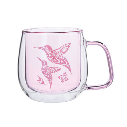 Hummingbird Double Walled Coloured Glass Mug featuring a pink design and elegant double-walled structure.