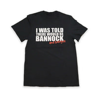 Black t-shirt with white and red text on a white background