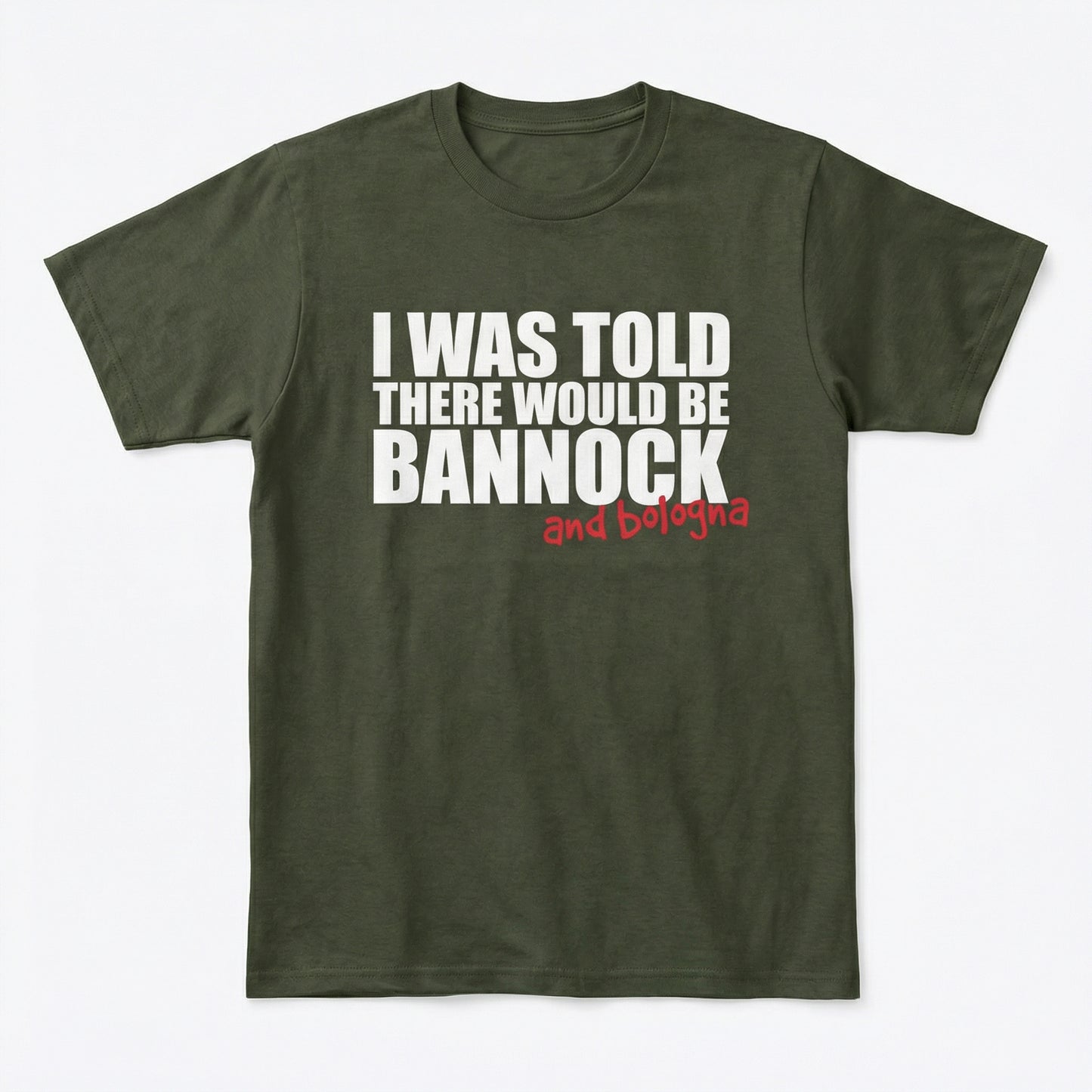 Green t-shirt with white and red text on a white background