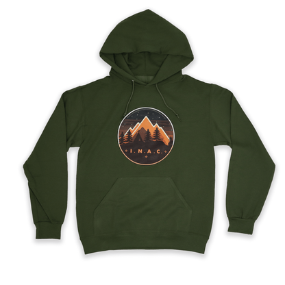 Green INAC Camping Hoodie with circular campfire-inspired artwork flat lay front