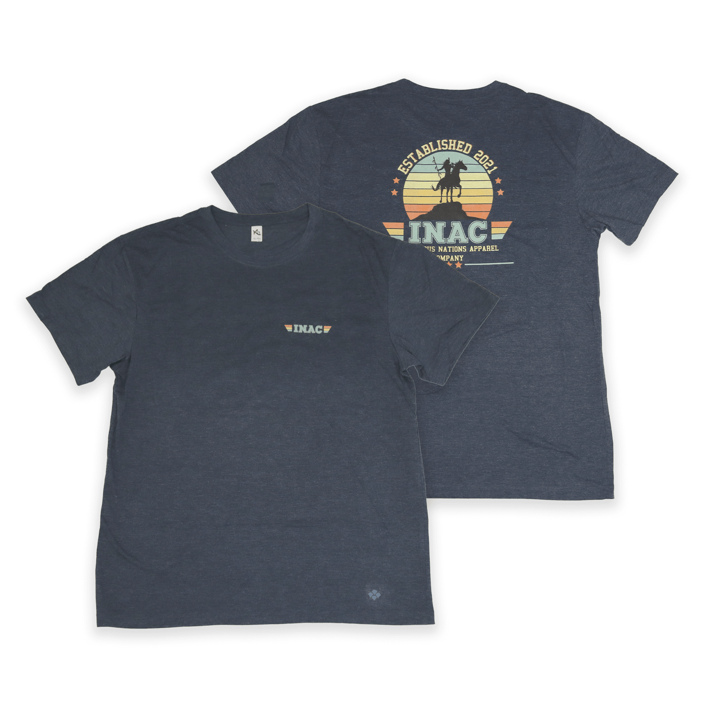 Navy INAC Established Tee with yellow crest design front and back view