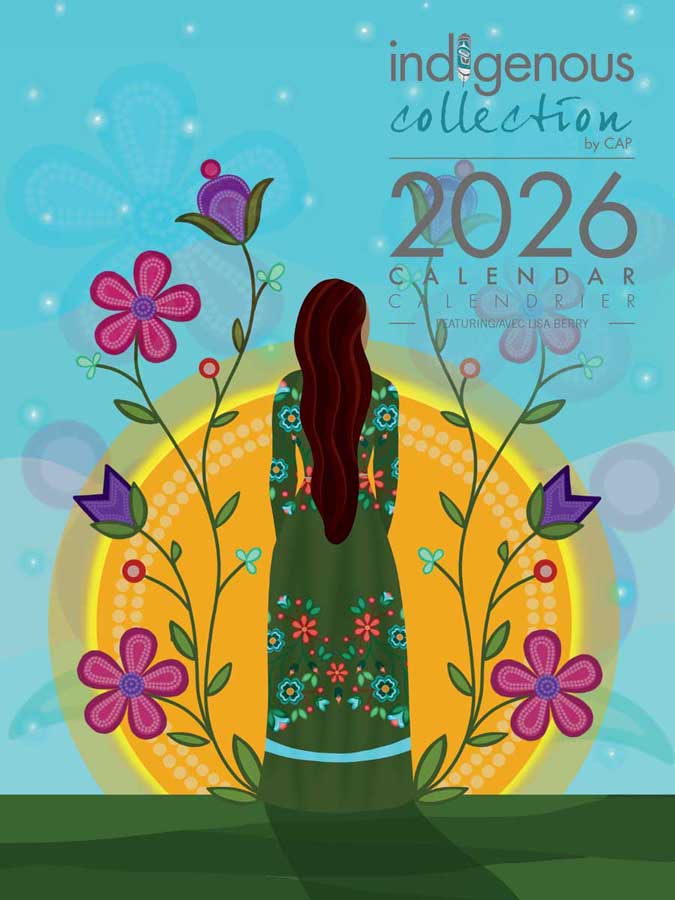 Indigenous Collection 2026 Calendar featuring vibrant flower designs and a figure against a colorful background.