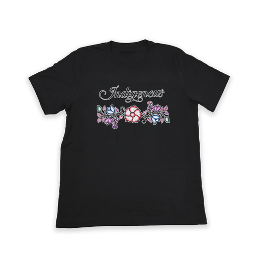 Black Indigenous Floral Tee with embroidered floral chest design front view