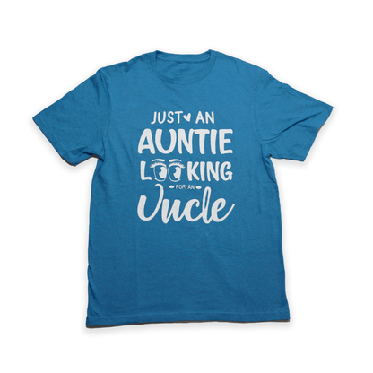 Blue Auntie Looking For Uncle Tee with playful slogan print front view