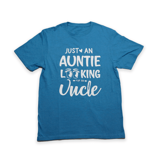 Blue Auntie Looking For Uncle Tee with playful slogan print front view