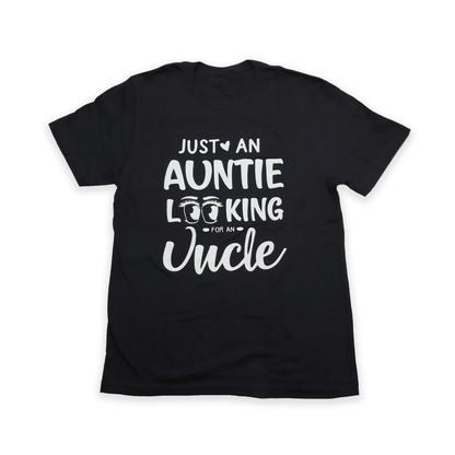 Black Auntie Looking For Uncle Tee with white slogan text front view