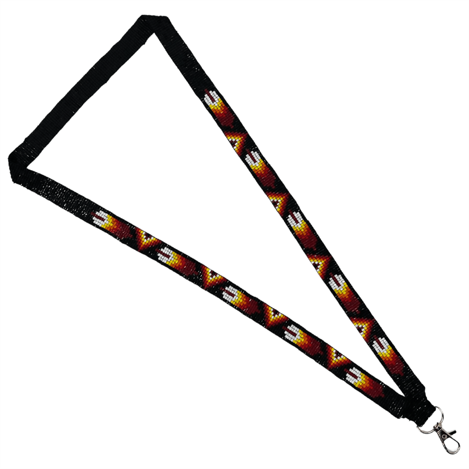 Feather - Loomed Lanyard featuring intricate Indigenous patterns and a functional design.