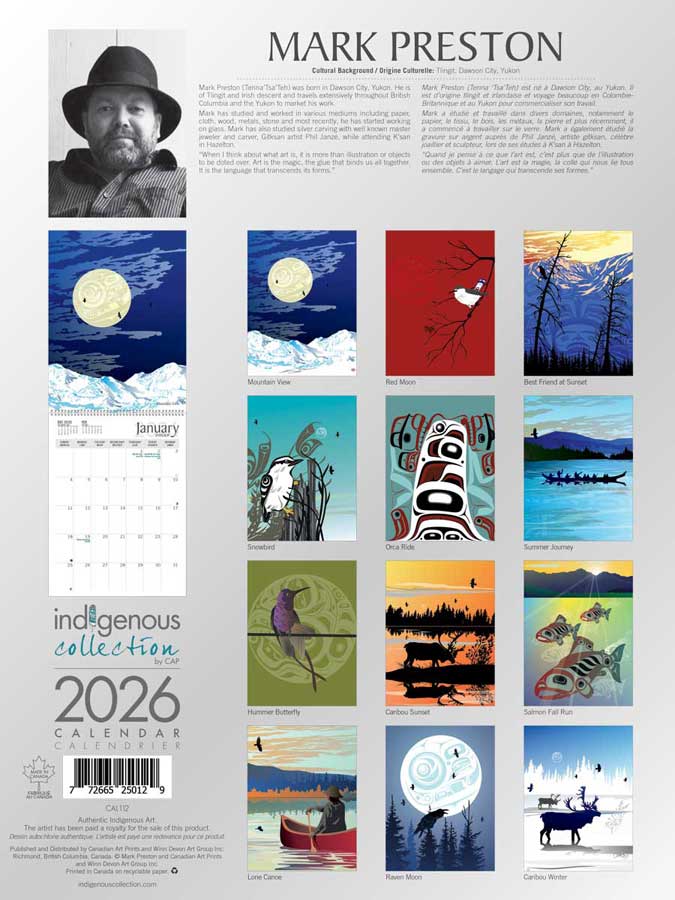 Mark Preston 2026 Calendar back cover featuring artwork from the indigenous collection and a monthly calendar layout.
