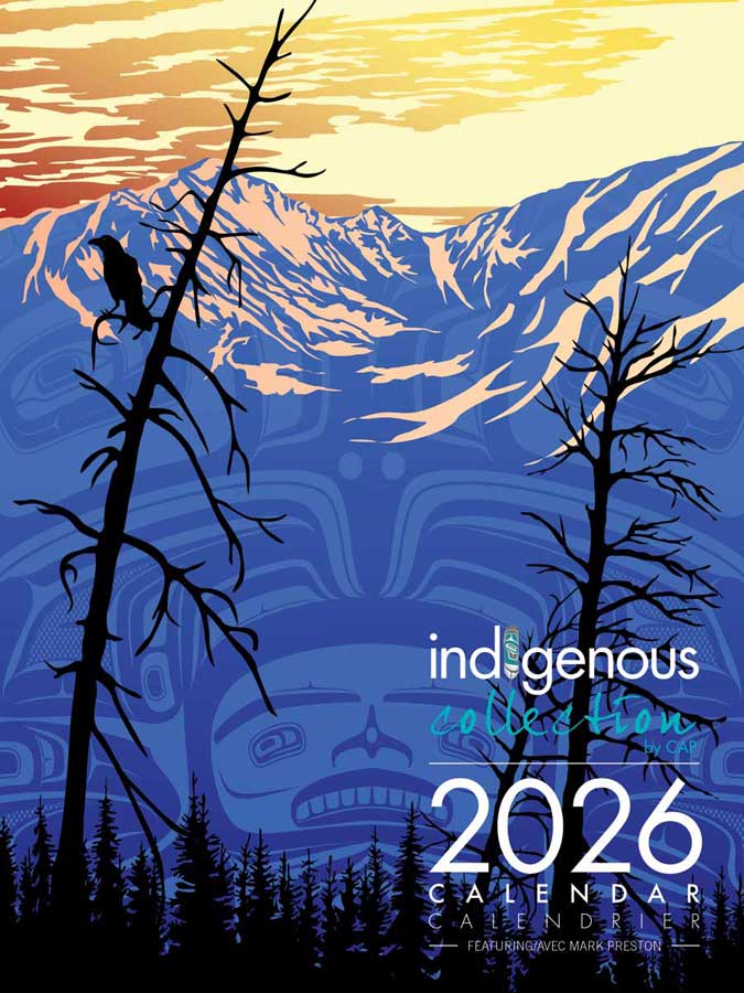 Mark Preston 2026 Calendar featuring indigenous art, with images of mountains and trees, designed and printed in Canada.