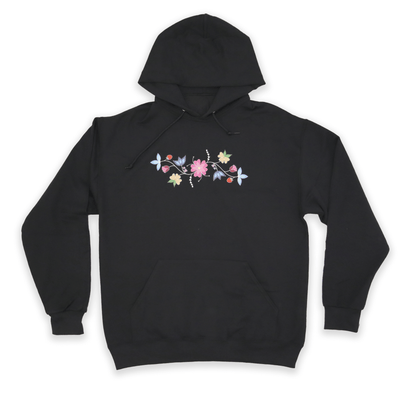 Black McPhee Floral Hoodie with Indigenous floral embroidery design front view