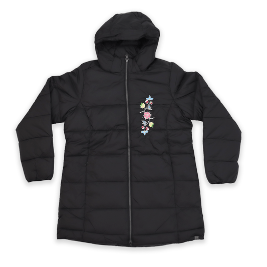 Black McPhee Floral Women’s Winter Jacket with Indigenous floral embroidery front view
