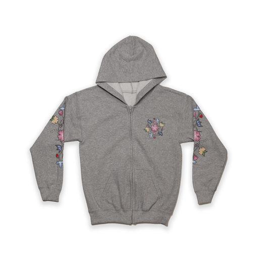 Grey McPhee Floral Youth Zip-Up Hoodie with Indigenous floral design front view
