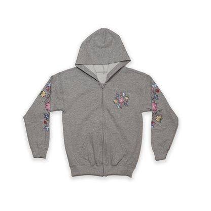 Grey McPhee Floral Youth Zip-Up Hoodie with Indigenous floral design front view