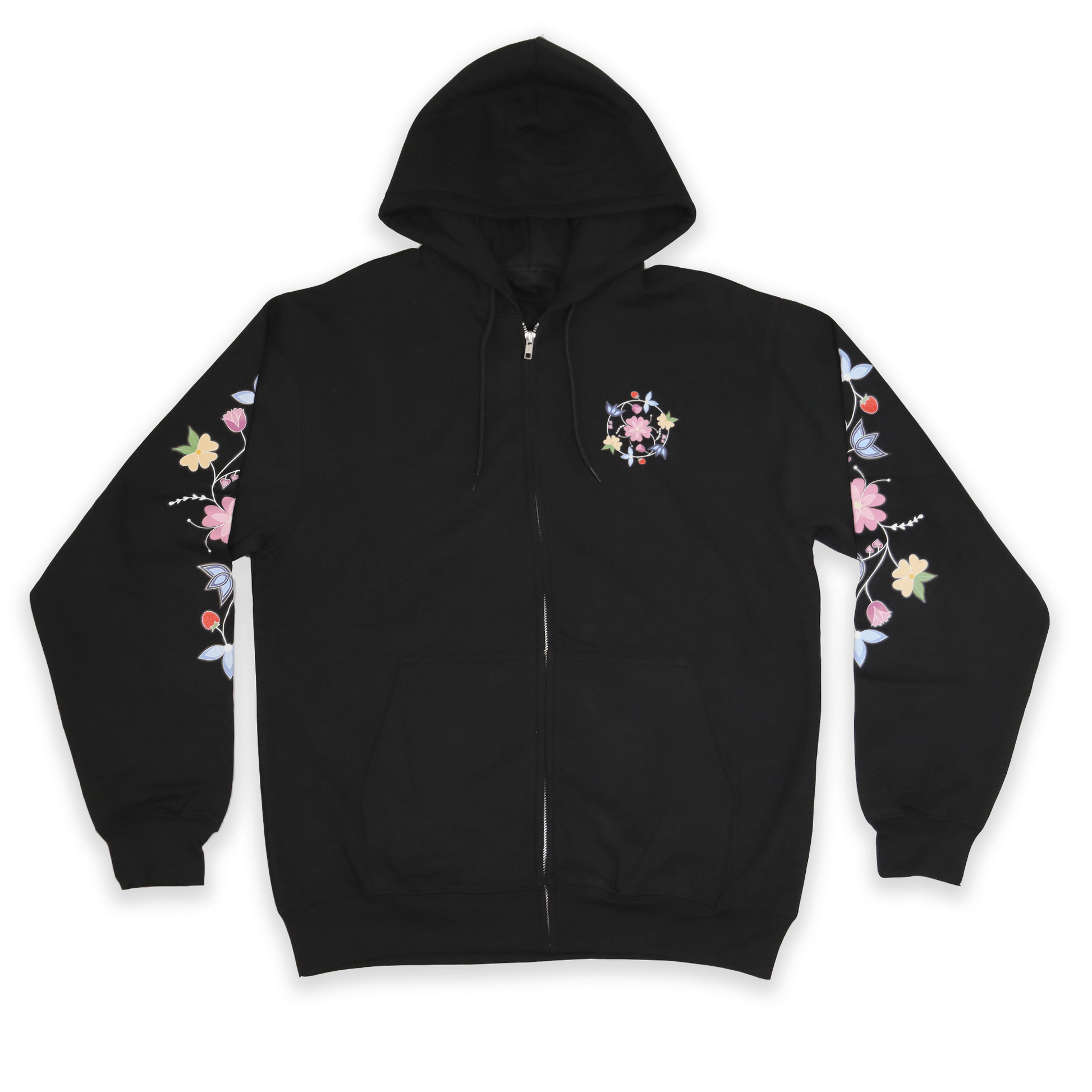 Black McPhee Floral Zip-Up Hoodie with Indigenous floral embroidery front view