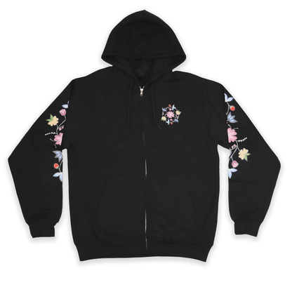 Black McPhee Floral Zip-Up Hoodie with Indigenous floral embroidery front view