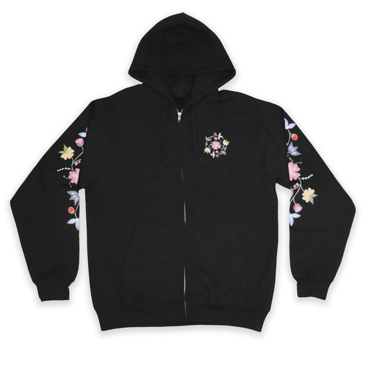 Black McPhee Floral Zip-Up Hoodie with Indigenous floral embroidery front view