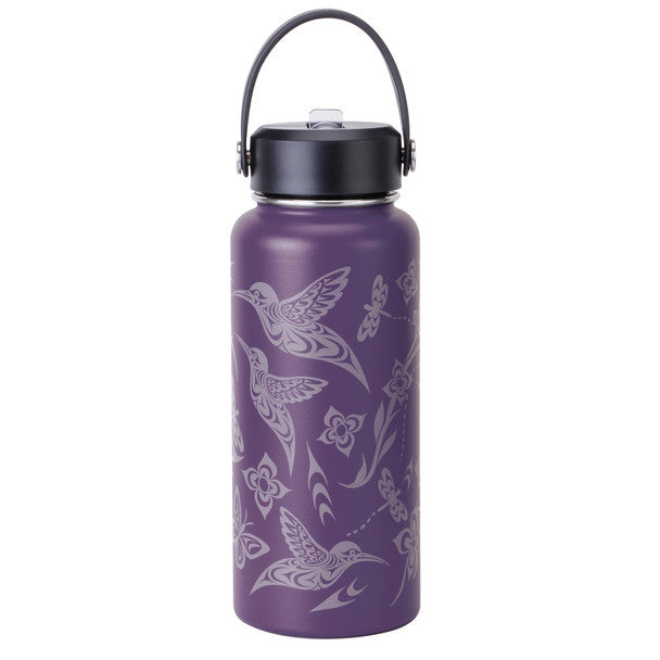 Hummingbird Wide Mouth Insulated Bottle in purple with hummingbird and floral design.