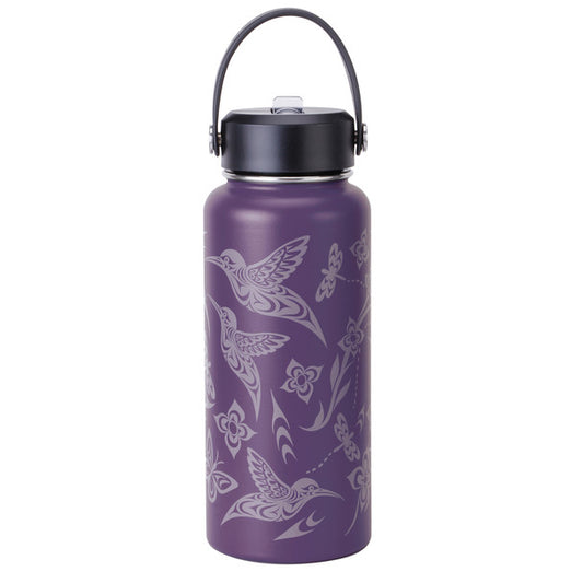 Hummingbird Wide Mouth Insulated Bottle in purple with hummingbird and floral design.