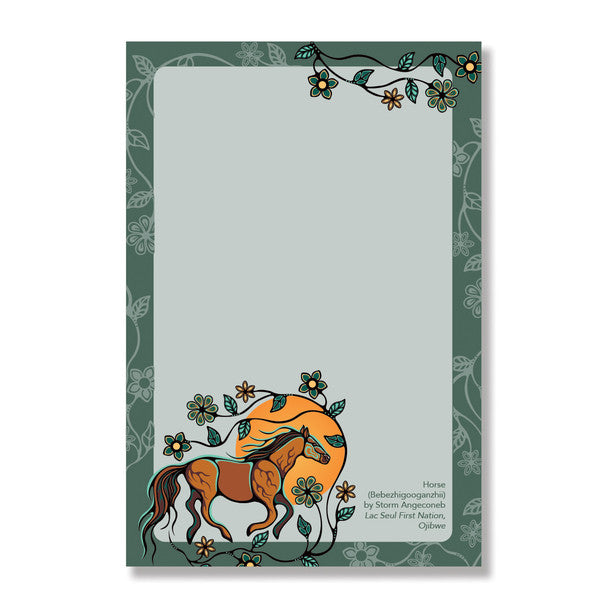 Horse Bebezhigooganzhii - Notepad featuring a vibrant horse design and floral patterns on a green background.