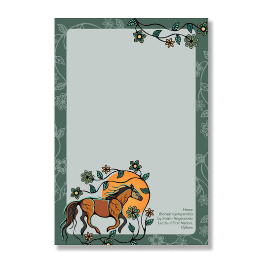 Horse Bebezhigooganzhii - Notepad featuring a vibrant horse design and floral patterns on a green background.