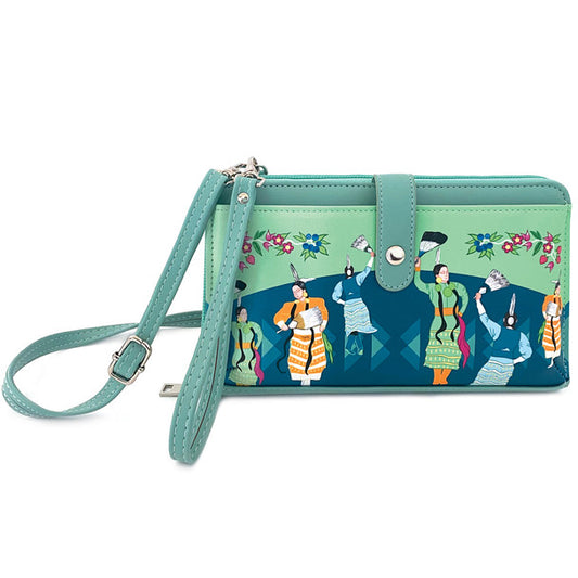 Jingle Dress Dancer Smartphone Crossbody Bag with vibrant dancer graphic and adjustable strap.
