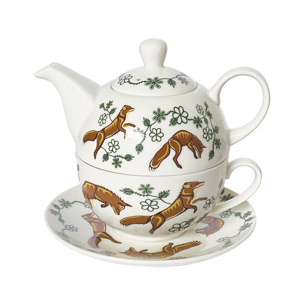 Foxes Wagooshna - Tea For One Set featuring a teapot and cup with charming fox motifs and floral designs.