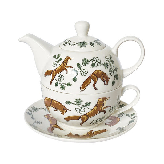 Foxes Wagooshna - Tea For One Set featuring a teapot and cup with charming fox motifs and floral designs.