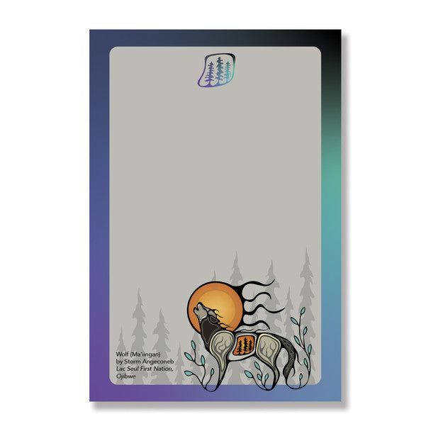 Wolf Ma'iingan - Notepad featuring Indigenous-inspired wolf imagery and vibrant colors for creative writing.