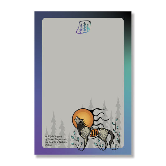 Wolf Ma'iingan - Notepad featuring Indigenous-inspired wolf imagery and vibrant colors for creative writing.