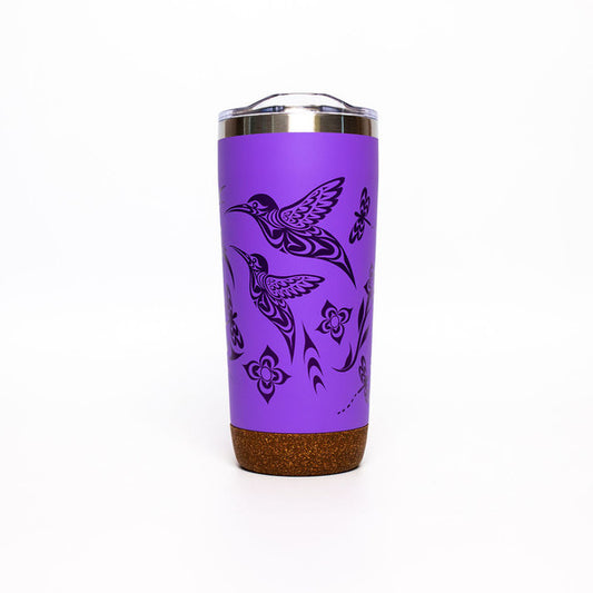 Hummingbird Cork Base Travel Mug in purple with hummingbird designs and a cork base, perfect for sustainable sipping.
